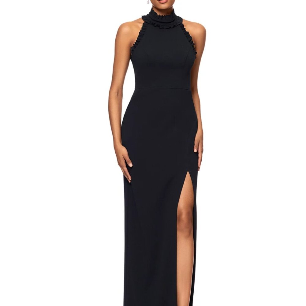 Petite Ruffled Halter Mock Neck Cutout-Back Gown